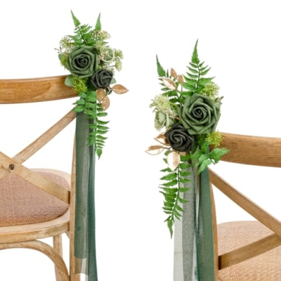 Silky Flower Store Wedding Aisle Pew Artificial Flowers, Emerald Green Gold Ceremony Chair Back Decorations, 13in x 5in 6 6 Product: Ling's Moment 8 Wedding Aisle Pew Artificial Flowers Arrangements for Ceremony Chair Back Floral Decorations with Chiffon Ribbons Emerald & Gold Reception Church Rose Faux Hanging Rose Party Outdoor