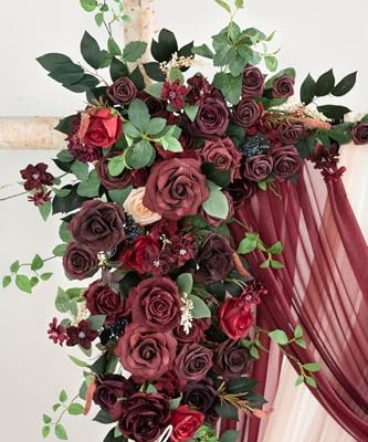 Silky Flower Store Wedding Arch Flowers with Sheer Drapes, Bordeaux Red Wine Artificial Floral Kit, 5 Piece Set 20.5cm 9 9 Product: Ling's Moment Wedding Arch Flowers with Sheer Drapes Kit - Artificial Bordeaux Red & Wine Floral Arrangements for Ceremony Backdrop, Arbor Decor, 5-Piece Set (2 Flower Stems + 3 Hanging Drapes)