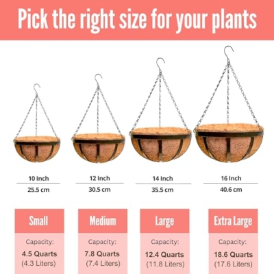 Silky Flower Store Outdoor Hanging Planter Baskets, Coco Liner Metal Round Flower Pots, 6 Pack, 12 Inch 11 11 Product: LaLaGreen Outdoor Hanging Baskets for Plants (6 Pack, 12 Inch) Medium Hanging Planter with Coco Liner, Flat Iron Metal Round Plant Flower Pots for Deck Patio Porch Garden Balcony Outside Decoration
