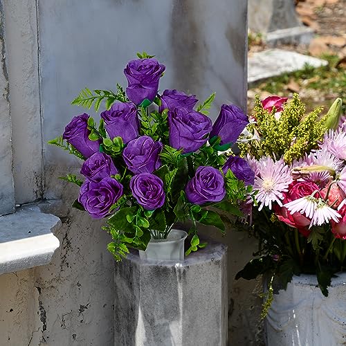Silky Flower Store Artificial Cemetery Flowers with Vase, White Rose Bouquet Grave Memorial Flowers, Set of 2, Purple, Self Assembled, 45cm 5 5 Product: Artificial Cemetery Flowers with Vase, Artificial White Rose Bouquet Grave Memorial Flowers for Cemetery Headstones Decoration, (Set of 2, Purple), Self-assemble