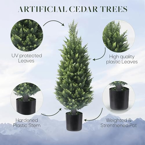Product: Artificial Cedar Topiary Trees, Set of 2 Lifelike Faux Pruned Cypress with Heavy-Duty Planters – UV-Resistant Outdoor Artificial Shrubs for Indoor/Outdoor Decor (40 Inches)