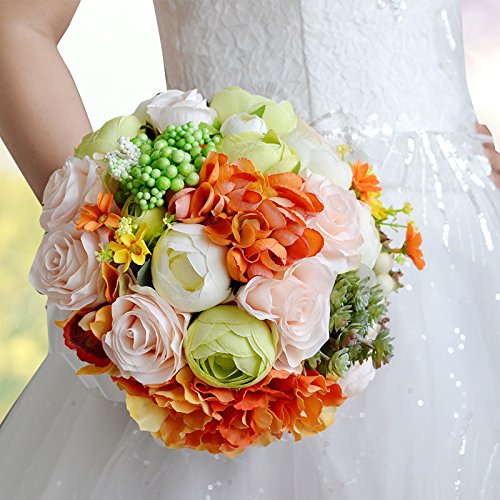 Silky Flower Store Artificial Bridal Rose Peony Bouquet, Green White Orange Flowers, Pale Blue Ribbon Lace Handle, 11in 1 1 Product: Abbie Home Real Touch Flowers Bouquets Rose Bridal Ribbon Crystal Décor Wedding Bouquet (A Bride Bouquet)