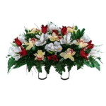 Product: Sympathy Silks Artificial Cemetery Flowers – Realistic Vibrant Tulips, Outdoor Grave Decorations - 30" Red Tulip White Iris Saddle for Headstone