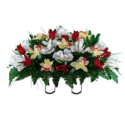 Product: Sympathy Silks Artificial Cemetery Flowers – Realistic Vibrant Tulips, Outdoor Grave Decorations - 30" Red Tulip White Iris Saddle for Headstone
