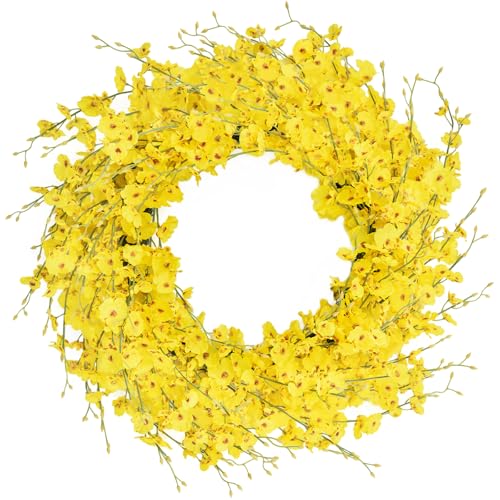 WELL KNOWN 24inch Artificial Forsythia Yellow Flowers Wreath, Silk Leaves Wreath for Spring Summer Seasonal Decor, Front Door Porch Farmhouse Patio Garden Home Decor (Orchid) - Artificial Flower Arrangements Product: WELL KNOWN 24inch Artificial Forsythia Yellow Flowers Wreath, Silk Leaves Wreath for Spring Summer Seasonal Decor, Front Door Porch Farmhouse Patio Garden Home Decor (Orchid)