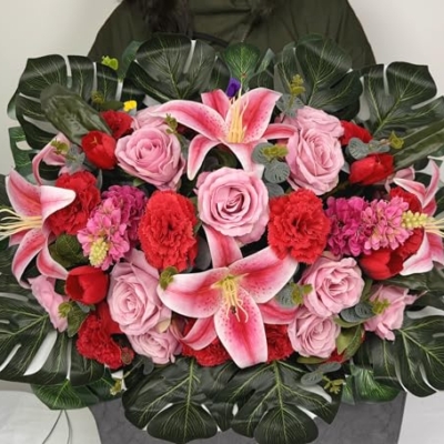 Silky Flower Store Artificial Cemetery Flower Saddle, Pink Rose Lily Red Carnation Tulip, Memorial Grave Vase, Butterflies, 32.5cm 14 14 Product: SUHOOKOO Handmade Cemetery Flowers for Grave Decor, Artificial Headstone Flower Saddle, Bright and Colorfast,Easy Fit, Tombstone Silk Pink Rose Lily/Red Carnation Tulip, 2 lovely butterflies included