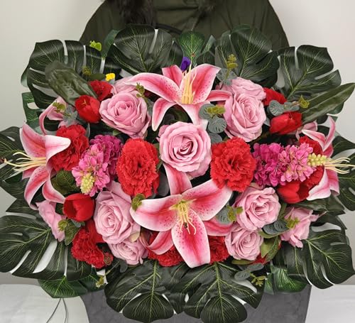 Silky Flower Store Artificial Cemetery Flower Saddle, Pink Rose Lily Red Carnation Tulip, Memorial Grave Vase, Butterflies, 32.5cm 5 5 Product: SUHOOKOO Handmade Cemetery Flowers for Grave Decor, Artificial Headstone Flower Saddle, Bright and Colorfast,Easy Fit, Tombstone Silk Pink Rose Lily/Red Carnation Tulip, 2 lovely butterflies included
