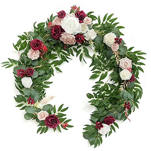 Ling's Moment Flower Garland - 6FT Eucalyptus & Rose - Sweetheart Table Decor for Wedding Reception, Artificial Floral Garland for Mantle, Thanksgiving, Christmas Decoration, Marsala - Artificial Flower Arrangements Product: Ling's Moment Flower Garland - 6FT Eucalyptus & Rose - Sweetheart Table Decor for Wedding Reception, Artificial Floral Garland for Mantle, Thanksgiving, Christmas Decoration, Marsala