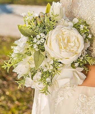 Silky Flower Store Artificial Bridesmaid Bouquet Set, White Greenery Silk Rose Bouquet, Set of 4, 7 Inch 7 7 Product: BENCENTRE 7 Inch White & Greenery Bridesmaid Bouquet for Wedding, Set of 4, Small Wedding Bouquet,for Marriage Proposal Party and Vintage Wedding Ceremony Anniversary,Artificial Flowers