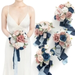 Product: Ling's Moment Artificial Flowers Dusty Rose & Navy Blue Bridesmaid Bouquet Set of 4, Wedding Flowers Bouquets for Bridesmaids, 9'' Maid of Honor Bouquet+7'' Bridesmaids Bouquets x3