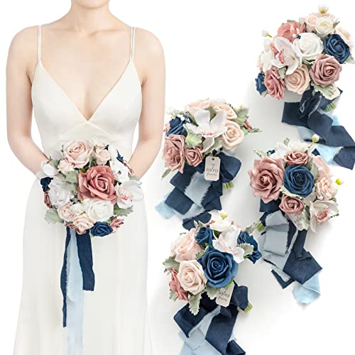 Product: Ling's Moment Artificial Flowers Dusty Rose & Navy Blue Bridesmaid Bouquet Set of 4, Wedding Flowers Bouquets for Bridesmaids, 9'' Maid of Honor Bouquet+7'' Bridesmaids Bouquets x3