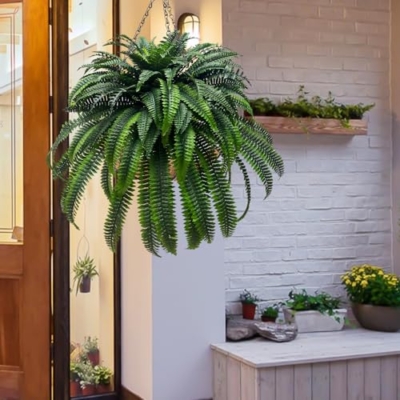 Silky Flower Store Artificial Boston Fern Plant, 128 Stems Faux Fern, Indoor Outdoor Hanging Greenery, 62” 11 11 Product: 128 Stems Faux Boston Fern - 62” Artificial Plants for Indoor & Outdoor Decoration