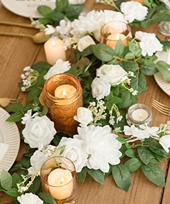 Silky Flower Store Artificial White Flower Garland, Wedding Aisle Chair Arch Mantel Decor, 6 Pack 2ft, 12ft Extended 2ft 7 7 Product: Ling's Moment 6Pack 2ft Artificial Flowers Garland White Lantern Flower Centerpieces Wedding Aisle Decor Chair Flowers Arch Floral for Mantel Signs DIY Table Wall Window Cake Decoration