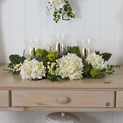 Silky Flower Store Nearly Natural Snowball Hydrangea Triple Candelabrum, Glass Hurricane Candle Holders, Decorative Home Accent, 32.5cm 11 11 Product: Nearly Natural Snowball Hydrangea Triple Candelabrum