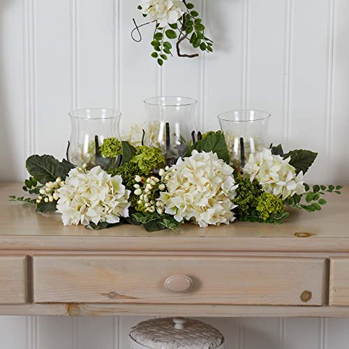 Silky Flower Store Nearly Natural Snowball Hydrangea Triple Candelabrum, Glass Hurricane Candle Holders, Decorative Home Accent, 32.5cm 4 4 Product: Nearly Natural Snowball Hydrangea Triple Candelabrum