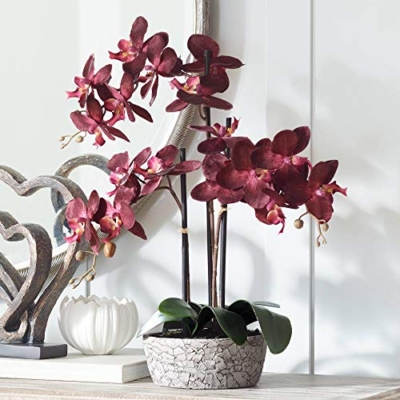 Product: Studio 55D Potted Silk Faux Artificial Flower Arrangement Realistic Red Orchid in Crackle Gray Vase for Home Decoration Living Room Office Bedroom Bathroom Kitchen Dining Room 24" High