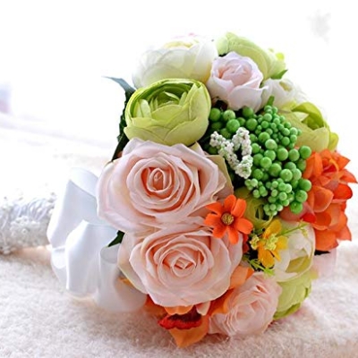 Silky Flower Store Artificial Bridal Rose Peony Bouquet, Green White Orange Flowers, Pale Blue Ribbon Lace Handle, 11in 11 11 Product: Abbie Home Real Touch Flowers Bouquets Rose Bridal Ribbon Crystal Décor Wedding Bouquet (A Bride Bouquet)