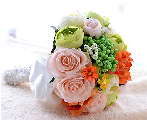 Silky Flower Store Artificial Bridal Rose Peony Bouquet, Green White Orange Flowers, Pale Blue Ribbon Lace Handle, 11in 5 5 Product: Abbie Home Real Touch Flowers Bouquets Rose Bridal Ribbon Crystal Décor Wedding Bouquet (A Bride Bouquet)