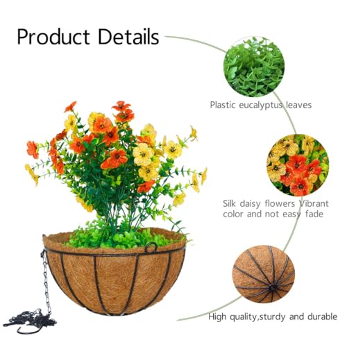 Silky Flower Store Artificial Hanging Plant Basket with Daisy Flowers Multicolor, 2 Pack, 12 inch, 21 x 21 x 23 inches 2 2 Product: Mecai 2 Pack 12 inch Hanging Plant Basket with Artificial Flowers for Outdoor Spring Decor, Lifelike Silk Floral Arrangement for Porch Garden Balcony and Home Patio Yard Decor(Multicolor)