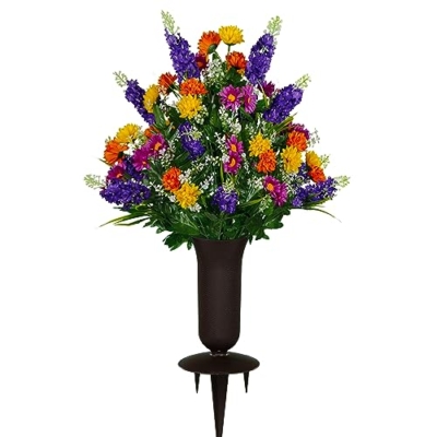 Product: Sympathy Silks Artificial Cemetery Flowers – Realistic Wildflower Outdoor Grave Decorations - Purple Violet Wildflower Bouquet with Cemetery Vase Included