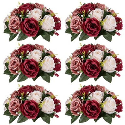 Product: Nuptio Artificial Flower Centrepieces for Tables - 6 Pcs Burgundy & Dusty Rose & Creamy White Fake Flowers Roses Balls 9.5in Diam - Silk Faux Rose Arrangement for Wedding Party Centerpiece Table Decor