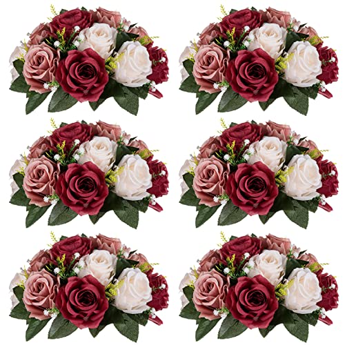 Product: Nuptio Artificial Flower Centrepieces for Tables - 6 Pcs Burgundy & Dusty Rose & Creamy White Fake Flowers Roses Balls 9.5in Diam - Silk Faux Rose Arrangement for Wedding Party Centerpiece Table Decor