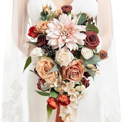 Product: Ling's Moment Terracotta Bridal Bouquet Cascading, Orange Wedding Bouquets for Bride, 13 Inch Bride Bouquets for Wedding Artificial Flowers Bouquets