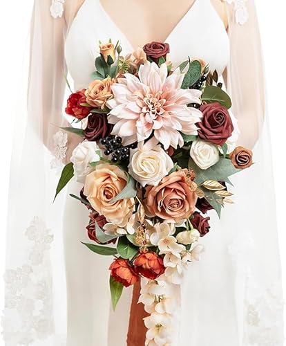 Ling's Moment Terracotta Bridal Bouquet Cascading, Orange Wedding Bouquets for Bride, 13 Inch Bride Bouquets for Wedding Artificial Flowers Bouquets - Artificial Flower Arrangements Product: Ling's Moment Terracotta Bridal Bouquet Cascading, Orange Wedding Bouquets for Bride, 13 Inch Bride Bouquets for Wedding Artificial Flowers Bouquets