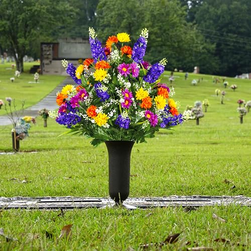 Product: Sympathy Silks Artificial Cemetery Flowers – Realistic Wildflower Outdoor Grave Decorations - Purple Violet Wildflower Bouquet with Cemetery Vase Included