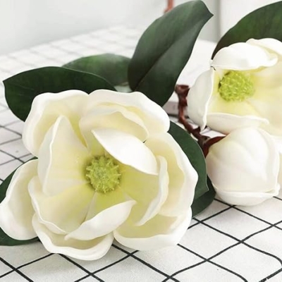 Silky Flower Store Artificial Magnolia Flowers Branches, Lifelike White Magnolia Stems, Pack of 4, 30in 11 11 Product: Dophinena Artificial Magnolia Flowers Branches Lifelike White Magnolia Stems for Home Decor Wedding Bouquet Table Centerpieces Floral Arrangment (Pack of 4pcs)