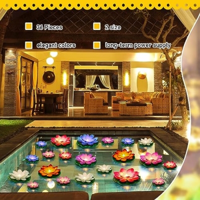 Product: Liliful 36 Pcs Floating Lights Lotus Lifelike Artificial Floating Flowers for Pool with LED Lights Battery Operated Lily Pads Water Lanterns(3.94, 5.91 Inch,Rich Color)