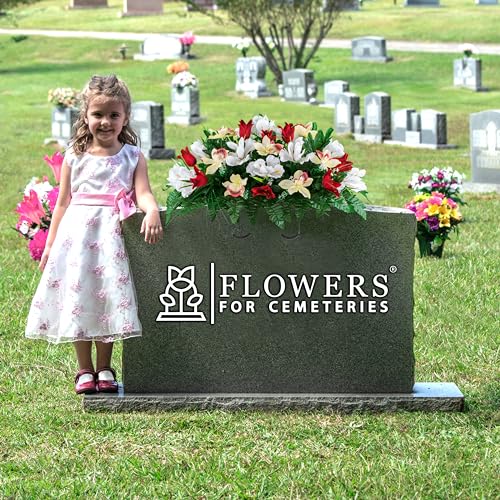 Product: Sympathy Silks Artificial Cemetery Flowers – Realistic Vibrant Tulips, Outdoor Grave Decorations - 30" Red Tulip White Iris Saddle for Headstone