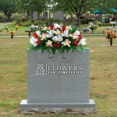 Product: Sympathy Silks Artificial Cemetery Flowers – Realistic Vibrant Tulips, Outdoor Grave Decorations - 30" Red Tulip White Iris Saddle for Headstone