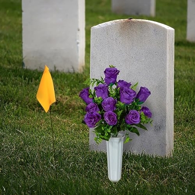 Silky Flower Store Artificial Cemetery Flowers with Vase, White Rose Bouquet Grave Memorial Flowers, Set of 2, Purple, Self Assembled, 45cm 9 9 Product: Artificial Cemetery Flowers with Vase, Artificial White Rose Bouquet Grave Memorial Flowers for Cemetery Headstones Decoration, (Set of 2, Purple), Self-assemble