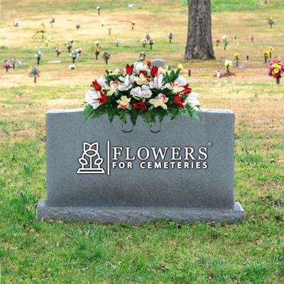 Product: Sympathy Silks Artificial Cemetery Flowers – Realistic Vibrant Tulips, Outdoor Grave Decorations - 30" Red Tulip White Iris Saddle for Headstone