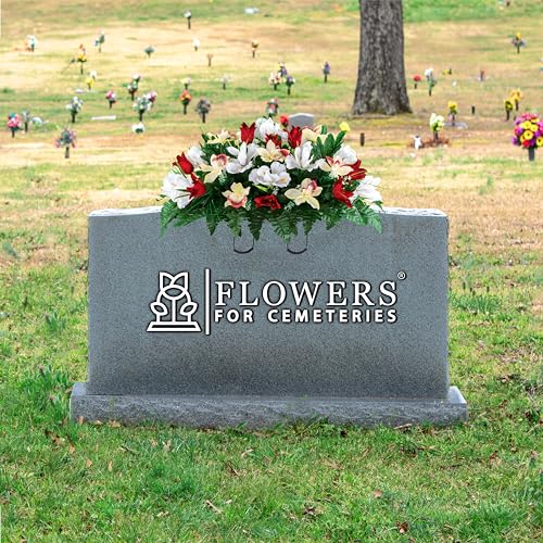 Product: Sympathy Silks Artificial Cemetery Flowers – Realistic Vibrant Tulips, Outdoor Grave Decorations - 30" Red Tulip White Iris Saddle for Headstone