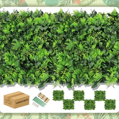 Product: VERDEARTH 6 PCS 20"x20" Artificial Plant Wall Panels, Foliage Topiary Hedges Panels, Plastic Faux Shrubs Fence Mat, Greenery Wall Backdrop Decor, Home Garden Outdoor Wall Decoration (6, A047)