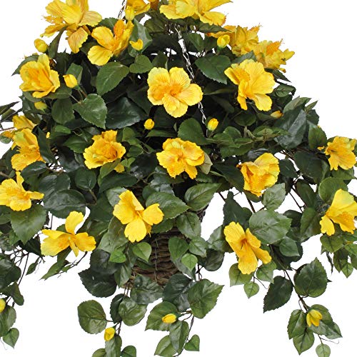 Silky Flower Store Artificial Yellow Hibiscus Hanging Basket, Faux Floral Home Decor, 12in x 22in 2 2 Product: House of Silk Flowers Artificial Yellow Hibiscus Hanging Basket