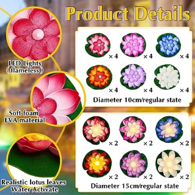 Product: Liliful 36 Pcs Floating Lights Lotus Lifelike Artificial Floating Flowers for Pool with LED Lights Battery Operated Lily Pads Water Lanterns(3.94, 5.91 Inch,Rich Color)