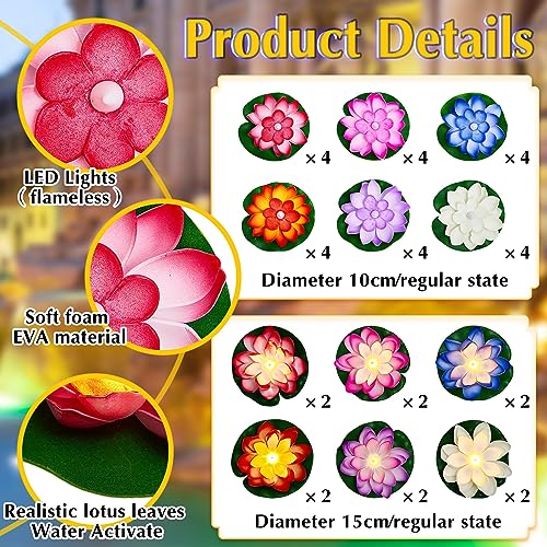 Product: Liliful 36 Pcs Floating Lights Lotus Lifelike Artificial Floating Flowers for Pool with LED Lights Battery Operated Lily Pads Water Lanterns(3.94, 5.91 Inch,Rich Color)