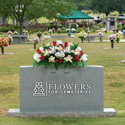 Product: Sympathy Silks Artificial Cemetery Flowers – Realistic Vibrant Tulips, Outdoor Grave Decorations - 30" Red Tulip White Iris Saddle for Headstone