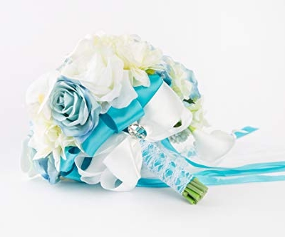 Product: Abbie Home Dusty Blue Calla Lily White Dahlia Cascading Bridal Bouquets - Silk Flowers for Beach Wedding with Ribbon and Lace Décor (A Cascading Bouquet)