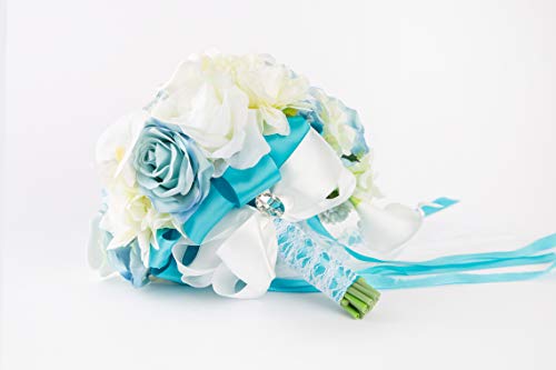 Product: Abbie Home Dusty Blue Calla Lily White Dahlia Cascading Bridal Bouquets - Silk Flowers for Beach Wedding with Ribbon and Lace Décor (A Cascading Bouquet)