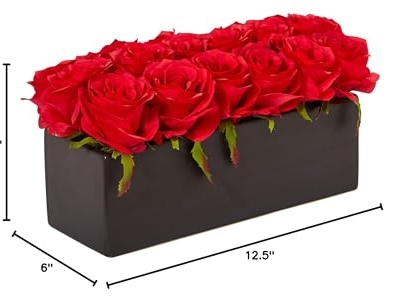 Silky Flower Store Silk Roses Ceramic Rectangular Planter, Artificial Floral Centerpiece, Black Planter, 6H x 12.5W x 6D 15 15 Product: Nearly Natural Dozen Silk Roses in Ceramic Rectangular Planter