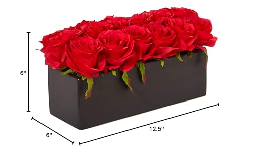 Silky Flower Store Silk Roses Ceramic Rectangular Planter, Artificial Floral Centerpiece, Black Planter, 6H x 12.5W x 6D 7 7 Product: Nearly Natural Dozen Silk Roses in Ceramic Rectangular Planter