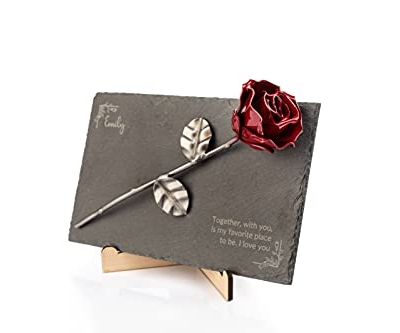 Product: Forging Art Bcn® Pet Memorial Slate with Personalized Engraving for Dog, Cat and Horse (Slate with Text and Rose)