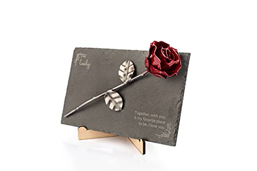 Product: Forging Art Bcn® Pet Memorial Slate with Personalized Engraving for Dog, Cat and Horse (Slate with Text and Rose)