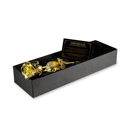 Silky Flower Store 24K Gold Dipped Real Rose, Mikamax Certificate of Authenticity, Luxurious Gift Box, 7 to 8 Inches, 32 x 5 x 11 cm 2 2 Product: mikamax 24k Gold Rose - Real Rose Dipped in Gold with Certificate of Authenticity - 7-8 Inches - Luxurious Box 32 x 5 x 11 cm