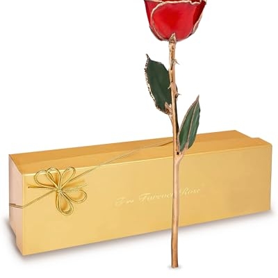 Product: Forever Rose Real Red Rose Dipped in 24K Gold with Gold-Trimmed Petals and Stem, Handcrafted Preserved Rose in Luxury Gift Box, Romantic Gift for Her