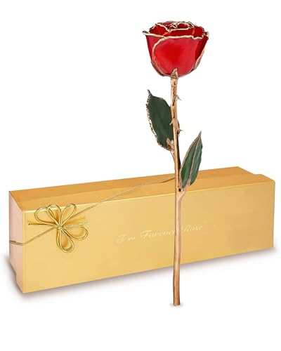 Product: Forever Rose Real Red Rose Dipped in 24K Gold with Gold-Trimmed Petals and Stem, Handcrafted Preserved Rose in Luxury Gift Box, Romantic Gift for Her